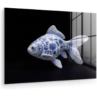 MuchoWow Glasschilderij 150x100 cm - Schilderij acrylglas - Porselein - Goudvis - Delfts - Blauw - Foto op glas - Muurdecoratie woonkamer - Wanddecoratie slaapkamer - Schilderijen