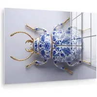 MuchoWow Glasschilderij 120x80 cm - Schilderij acrylglas - Kever - Delfts - Blauw - Goud - Foto op glas - Muurdecoratie woonkamer - Wanddecoratie slaapkamer - Schilderijen