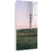 MuchoWow Glasschilderij 40x80 cm - Schilderij acrylglas - Vuurtoren - Duinlandschap - Zee - Foto op glas - Muurdecoratie woonkamer - Wanddecoratie slaapkamer - Schilderijen