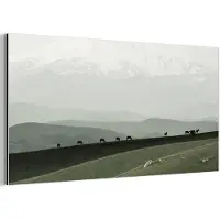 MuchoWow Aluminium schilderij 80x40 cm - Wanddecoratie metaal - Grijs - Berg - Paarden - Metalen muurdecoratie woonkamer - Decoratie industrieel - Foto op dibond - Industriële accessoires slaapkamer