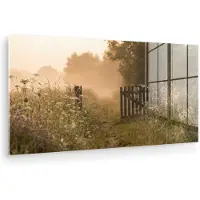 MuchoWow Glasschilderij 40x20 cm - Schilderij acrylglas - Hek - Natuur - Mist - Veld - Foto op glas - Muurdecoratie woonkamer - Wanddecoratie slaapkamer - Schilderijen