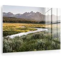 MuchoWow Glasschilderij 90x60 cm - Schilderij acrylglas - Berglandschap - Rivier - Bos - Foto op glas - Muurdecoratie woonkamer - Wanddecoratie slaapkamer - Schilderijen