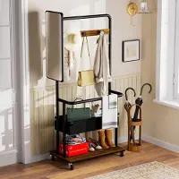 OKWISH Kledingrek Multifunctioneel – 70x40x170 cm – Staal En Spaanplaat – Zwart Bruin – Met Spiegel, Wielen En Opbergruimte