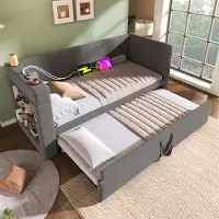 MODFU Bedframe 90x190 cm – gestoffeerd katoen-linnen grijs – met uitschuifbed, USB/Type-C en bekerhouders – daybed