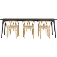 Ebuy24 Ellis eethoek tafel 85x230cm en 6 rattan stoelen met armleuningen stapelbaar zwart.