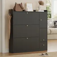 OKWISH Schoenenkast – 3 Kantellades En Zitbank – Hal Met Veel Opbergruimte – Spaanplaat Zwart – 119 x 24 x 122 cm