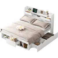 Merax Bed met Opbergruimte 140x190 cm - USB en Type-C - Houten Lattenbodem - Met Lades en Opbergvakken - Wit
