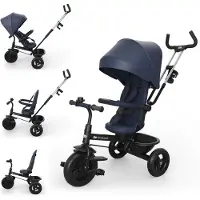 Kinderkraft ASTON 2 PLUS Driewieler – 9 maanden tot 5 jaar – Draaibare Zitting – Vrijloopfunctie – Inklapbare Kap – Navy