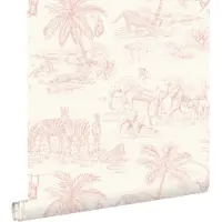 ESTAhome behang toile de jouy jungle zacht roze en wit - 0.53 x 10.05 m - 132119
