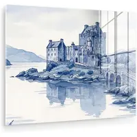 MuchoWow Glasschilderij 160x120 cm - Schilderij acrylglas - Schots - Kasteel - Blauw - Aquarel - Foto op glas - Muurdecoratie woonkamer - Wanddecoratie slaapkamer - Schilderijen