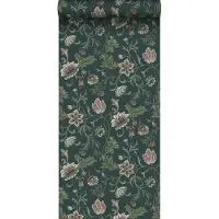 ESTAhome behang vintage bloemen antraciet grijs en groen - 53 cm x 10.05 m - 139415