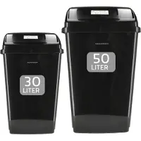 Discountershop Prullenbak Set 30 Liter en 50 Liter Zwart met Deksel – Vuilnisbak Keuken – Afvalemmer Kunststof – Afvalscheiding Prullenbak – 30L + 50L – 50x30x22 cm & 66x33x38 cm – Binnen & Buiten