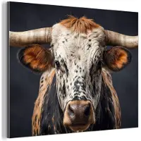MuchoWow Aluminium schilderij 160x120 cm - Wanddecoratie metaal - Stier - Kleurrijk - Hoorns - Metalen muurdecoratie woonkamer - Decoratie industrieel - Foto op dibond - Industriële accessoires slaapkamer