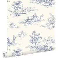 ESTAhome behang toile de jouy print blauw en wit - 0.53 x 10.05 m - 132110