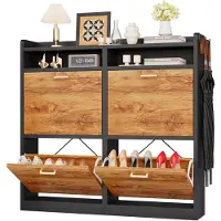 None Schoenenkast - Zwarte, slanke houten schoenenkast - 4 uitklapbare vakken, 20 cm diep - Geschikt voor de woonkamer - Woonmeubilair