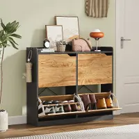 None Schoenenkast - Zwart, slanke houten schoenenkast - 4-laags schoenenrek met klepdeuren Zonder handgrepen en met vakverdeling - Geschikt voor de gang en de woonkamer