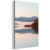 MuchoWow Aluminium schilderij 60x90 cm - Wanddecoratie metaal - Water - Bomen - Mistlaag - Metalen muurdecoratie woonkamer - Decoratie industrieel - Foto op dibond - Industriële accessoires slaapkamer