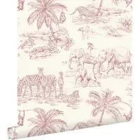 ESTAhome behang jungle dieren bordeaux rood en wit - 50 x 900 cm - 132122