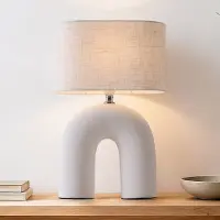 LumenXL Japandi tafellamp Poyta wit karamiek met linnen kap