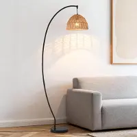 LumenXL Moderne booglamp Estar met natuurlijke kap en zwart frame