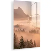 MuchoWow Glasschilderij 120x180 cm - Schilderij acrylglas - Zonlicht - Mist - Bergen - Bomen - Foto op glas - Muurdecoratie woonkamer - Wanddecoratie slaapkamer - Schilderijen