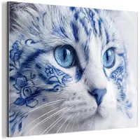 MuchoWow Aluminium schilderij 120x90 cm - Wanddecoratie metaal - Kat - Patroon - Blauw - Metalen muurdecoratie woonkamer - Decoratie industrieel - Foto op dibond - Industriële accessoires slaapkamer