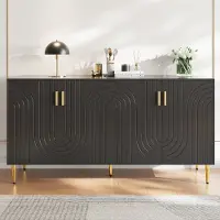 Flieks dressoir met 4 deuren, 152x40x75 cm, woonkamerkast, staande kast, TV-meubel, kast met gouden handgrepen, zwart