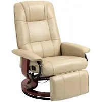 Merax Relaxfauteuil Draaibaar met Voetensteun - TV Stoel met Ligfunctie 145° - Fauteuil Kunstleer - 360° Draaistoel met Houten Onderstel - Creme