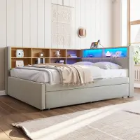OKWISH Bedframe 140x200 cm – Hoogslaper met opbergruimte, trap en kledingkast – Van massief grenen – Wit