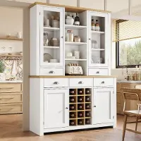 OKWISH Hoge Opbergkast - Glazen Deur, 5 Laden en Uitneembaar Wijnrek - Keuken/Woonkamer - MDF Wit - 120x40x185 cm