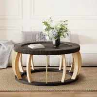 MODFU Ronde Salontafel - Gebogen Poten - Bohemian Stijl - Woonkamer - Massief Hout En MDF - Zwartbruin - 90 X 90 X 43 Cm