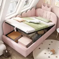 Flieks Hydraulische slaapbank, kinderbed 90x200 cm met opbergruimte, bed met opbergruimte, eenpersoonsbed, dagbed met kroonvormig hoofdeinde, fluweel, roze
