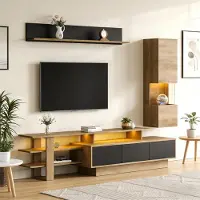 STILVORA Tv Meubel Set - Met Led, Vitrinekast En Wandplank - Voor Woonkamer - MDF En Acryl - 180x40x45 Cm - Natuurlijk;Zwart