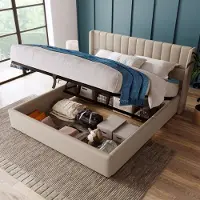 MODFU Ledikant 160x200 cm – beige linnen – met hydraulische opbergruimte en stijlvol strepenhoofdbord