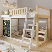 OKWISH Kinderhoogslaper 90x200 cm - Met Krijtbord En Opbergbox - Veilige Schuine Ladder - Hout - Wit Naturel - Zonder Matras
