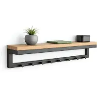TOJ 8 Haaks Wandkapstok – 60cm - Muur / Wand Kapstok - Hangende Design Muurkapstok - Incl. Houten Plank - RVS - Mat Zwart