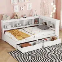 MODFU Uitschuifbaar bed, dagbed 90x200 cm met twee lades, houten bed met stopcontact en 2 USB-poorten, wit (zonder matras)