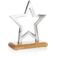 COM-FOUR® Premium decoratieve ster – Sterbeeld van verzinkt aluminium op een voet van mangohout – Decoratieve ster om neer te zetten – Prachtige sterdecoratie