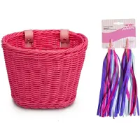 Mini Mandje kinderfiets loopfiets - gevlochten kunststof rotan riet - verstelbare bandjes roze + stuurslingers