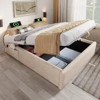 MODFU Bedframe 140x200 cm – Linnen beige/naturel – Met hydraulische opbergruimte & USB/Type-C – Zonder hoofdbord