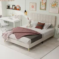 OKWISH Gestoffeerd Bed 140x200 cm - Geruit Hoofdbord - Tweepersoonsbed Zonder Matras - Houten Poten - Fluweel - Beige