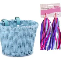Mini Mandje kinderfiets loopfiets - gevlochten kunststof rotan riet - verstelbare bandjes blauw + stuurslingers