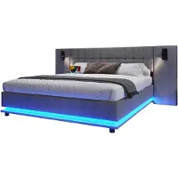 Merax Gestoffeerd Bed 180x200 cm - Linnen - LED Verlichting met Afstandsbediening - hoofdbord met leeslamp - USB - grijs - zonder matras