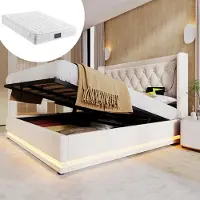 Youjia Gestoffeerd tweepersoonsbed, 140*200 cm, beige katoenen stof. Hydraulisch bed met opbergruimte, gestoffeerd hoofdeinde met USB-C oplaadfunctie