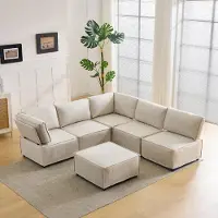 MODFU 6-persoons grote bank, modulaire L-vormige bank, relaxbank met voetenbankje, gestoffeerde meubels van linnen, modern design, beige