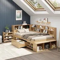 Merax kinderbed 90x200 cm met kasten en nachtkastjes, bed met opbergruimte en planken, houten bed voor tieners met draadloze oplader, naturel