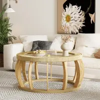 STILVORA Salontafel - Ronde Tafel Met Rotan En Gebogen Poten - Voor Woonkamer En Open Ruimte - Massief Hout En MDF - 90x90x43 Cm - Naturel