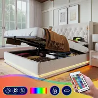 Youjia Gestoffeerd tweepersoonsbed, 140*200 cm, beige katoenen stof. Hydraulisch bed met opbergruimte, gestoffeerd hoofdeinde met USB-C oplaadfunctie