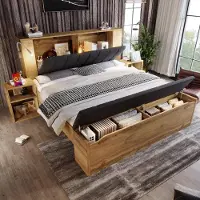 Ropilly Boxspringbed 160x200 cm, eikenhoutlook, met opbergruimte, USB-poorten, leeslampen, lattenbodem en nachtkastje, geschikt voor de slaapkamer