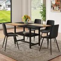 MODFU - Eettafelset - Rechthoekig Met Opbergvak En 4 Eetkamerstoelen - Modern - Voor Eetkamer - MDF En Metaal - Bruin En Zwart - 160 Cm